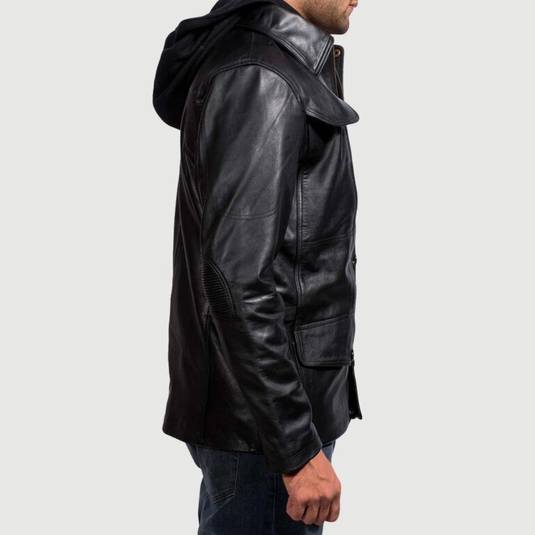 Mens Moulder Hooded Black Leather Jacket Side Pose-3-1718119414460
